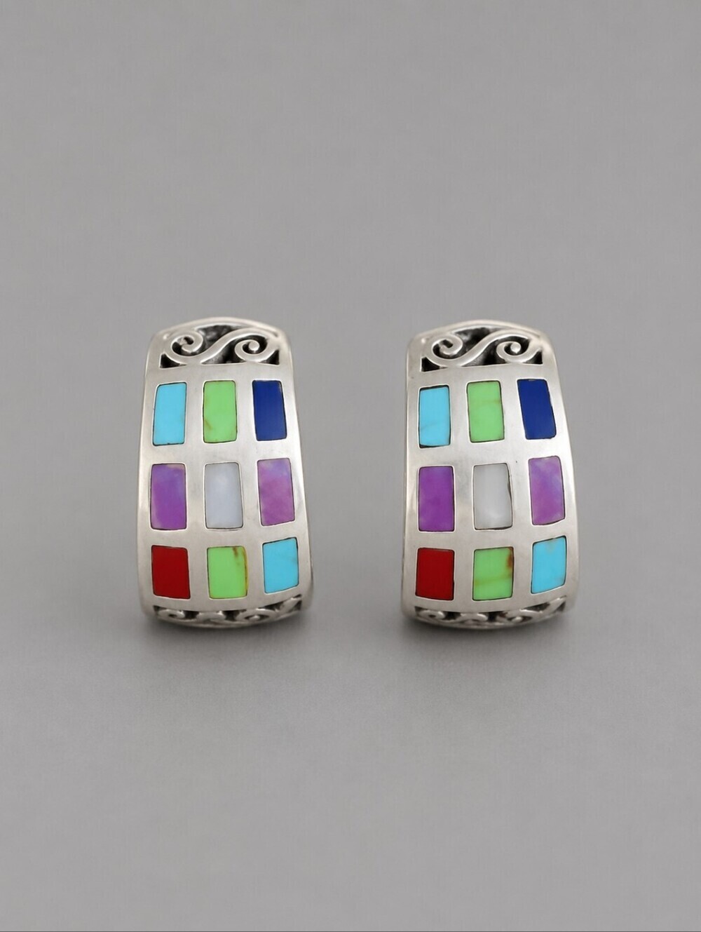 VTG Native American Style Windowpane Rainbow Gemstone Half Hoop Post Earrings